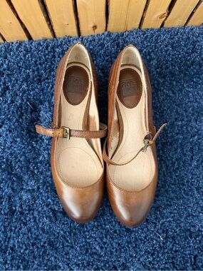 Frye Cognac Leather Mary Jane Flats with Buckle Strap